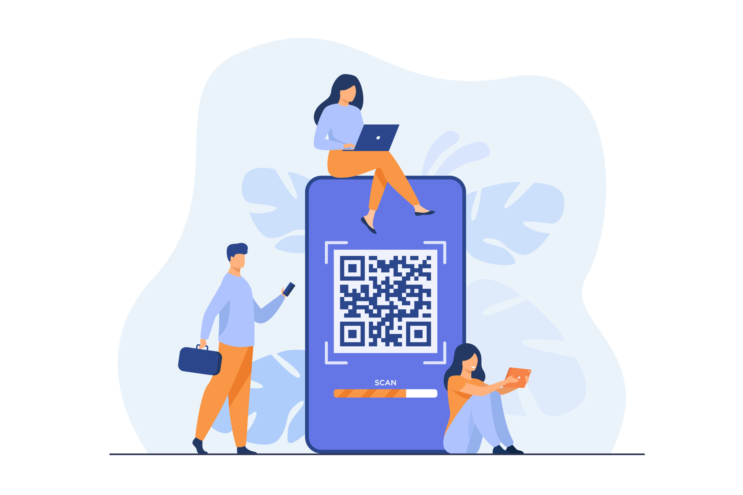 Tiny people using QR code for online payment isolated flat vector illustration. Cartoon infographic characters using smartphone for scan of QR code. Digital wallet and modern technology concept