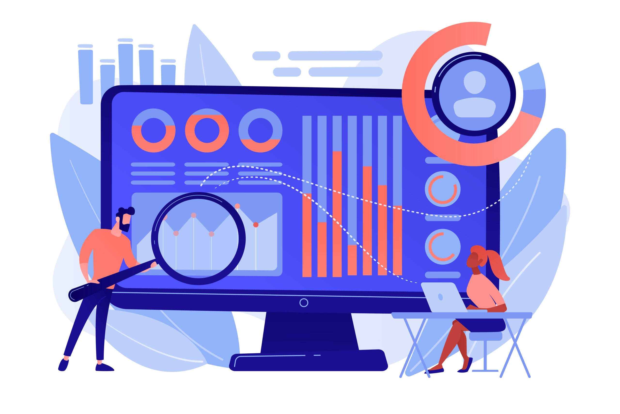 Data analyst oversees and governs income, expenses with magnifier. Financial management system, finance software, IT management tool concept. Pinkish coral bluevector isolated illustration