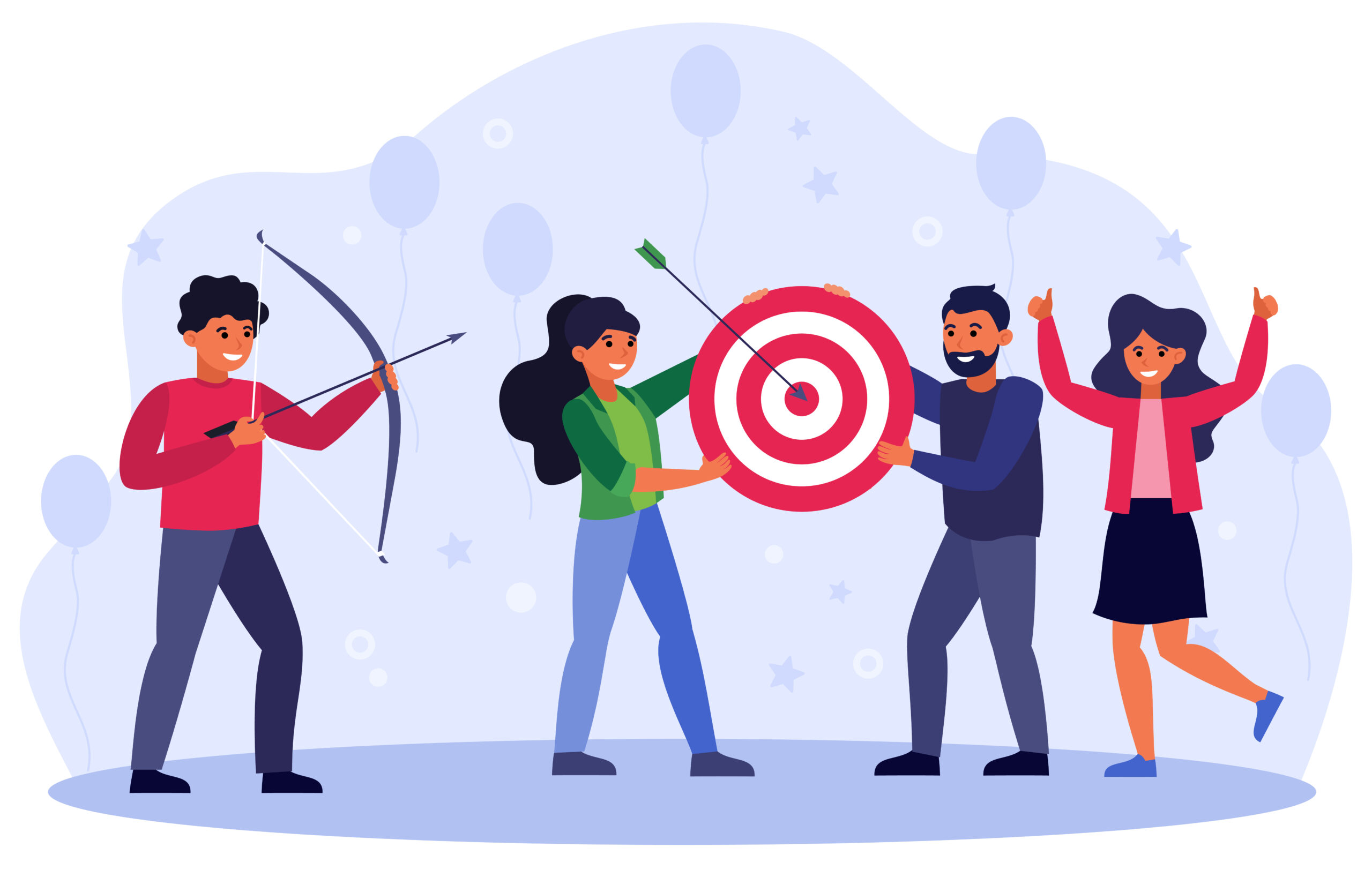 Business goals concept, Team doing archery, aiming arrow at target, celebrating success. Vector illustration for strategy, challenge, achievement concept.