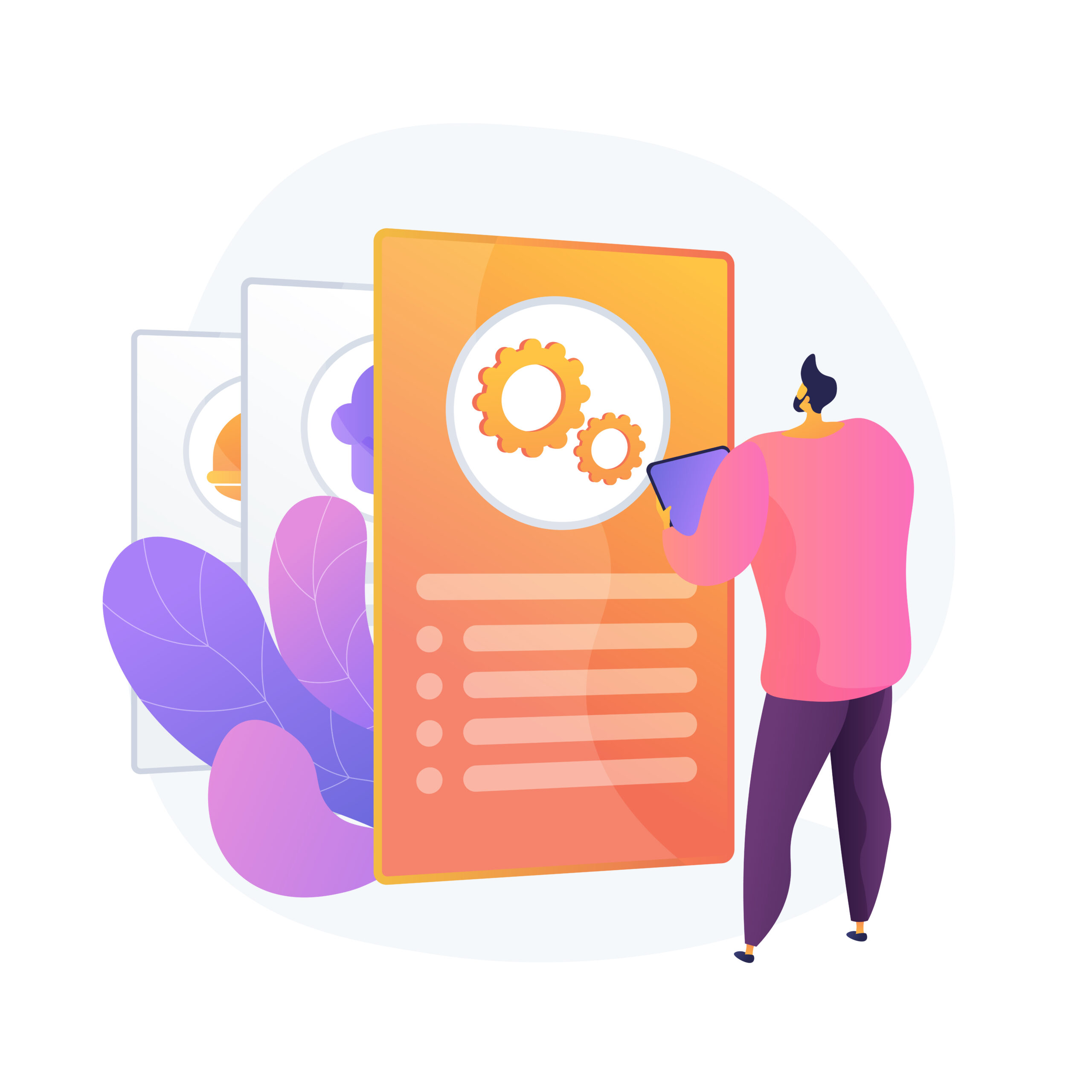 Instruction manual, guide. Document with cogwheel isolated design element. Male character analyzing file. Business analysis, data processing, updating. Vector isolated concept metaphor illustration